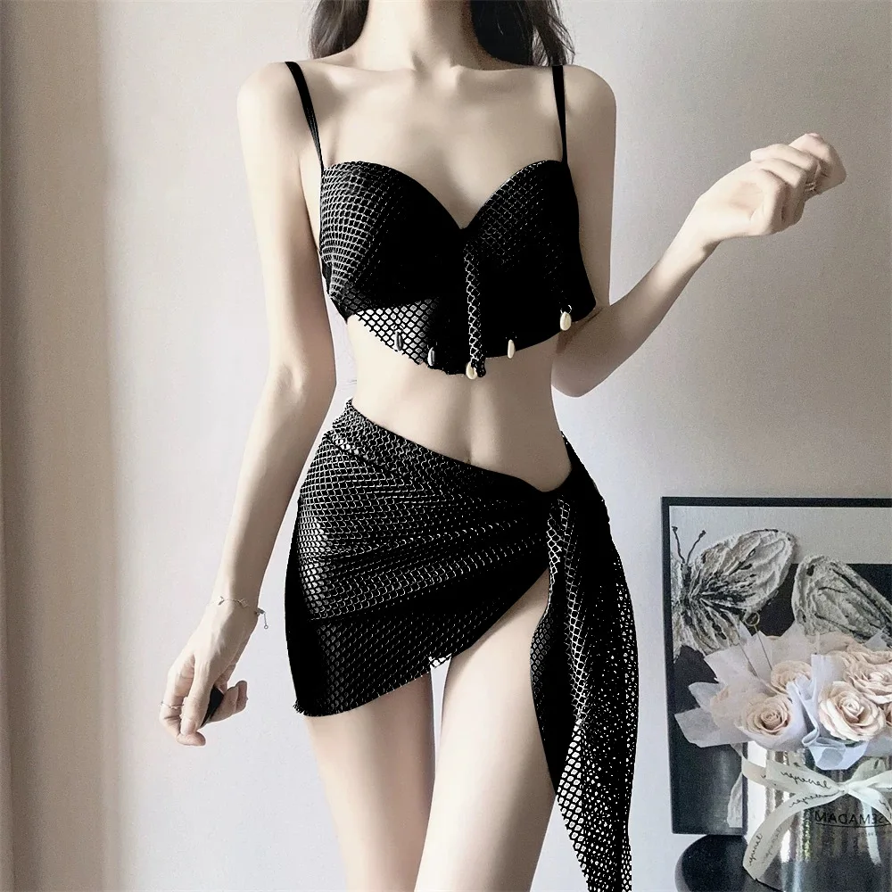 European and American Babes Sexy Bikini Solid Color Three-point Split Mesh Spring Swimsuit Skirt Yarn Hot Spring Bikini Set