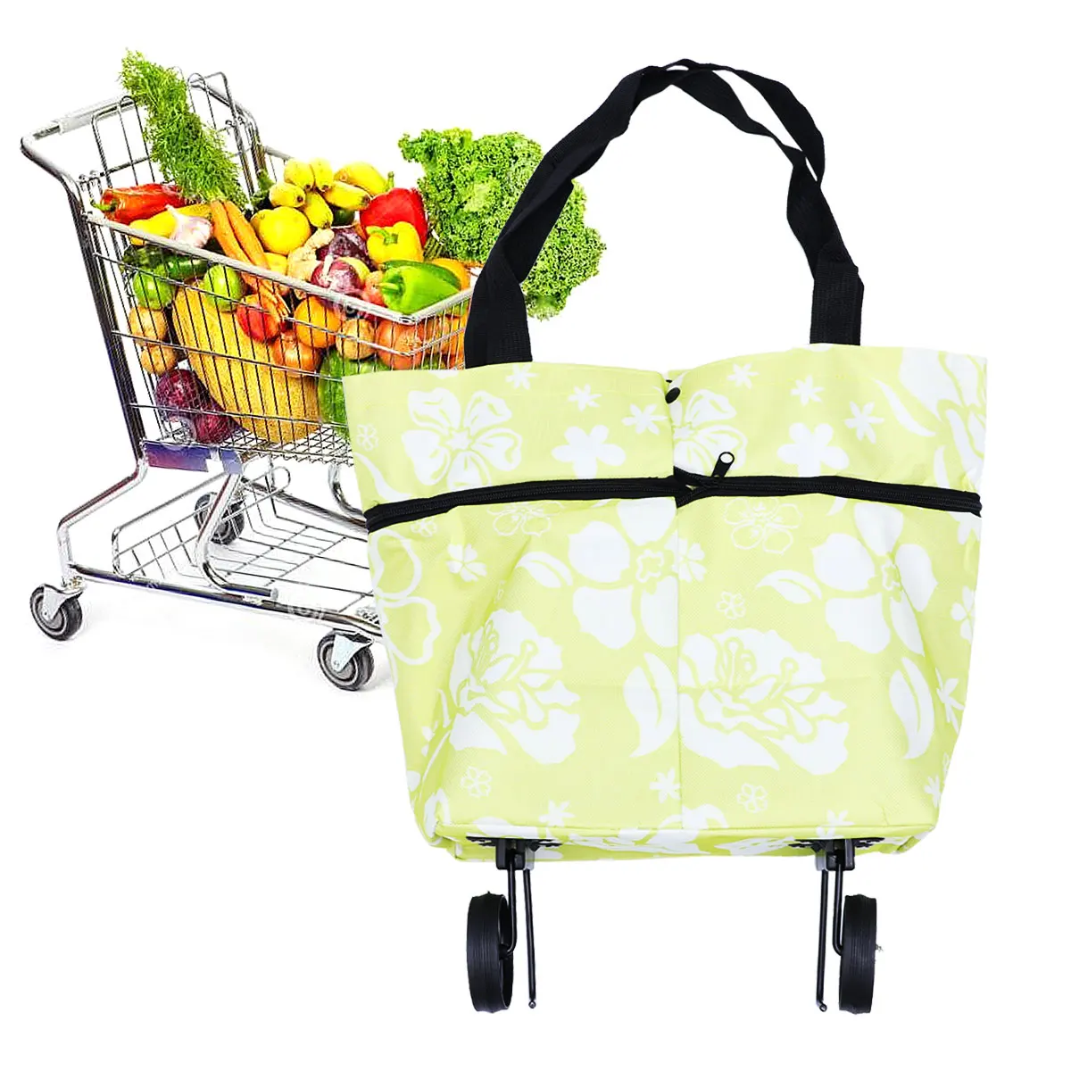 

Fold Shopping Bag with Wheels Tote Bags Portable Personal Grocery Cart Foldable Folding