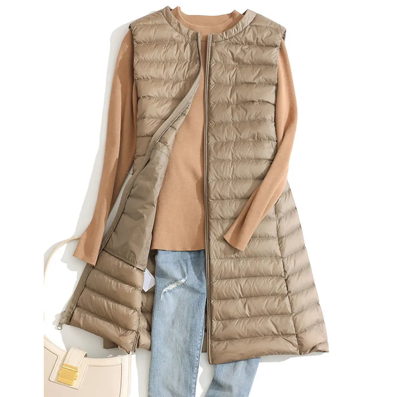 Women Down Waistcoat Coat Autumn Winter Light Thin White Duck Down Vest Jacket Lady O Neck Sleeveless Long Tank Outwears Parkas