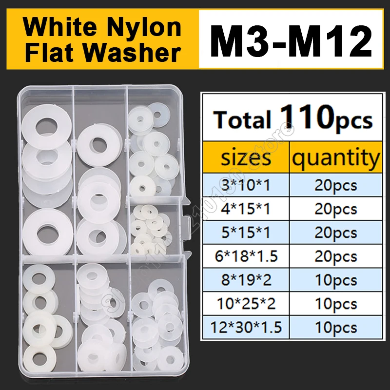 

110Pcs M2 M3 M4 M5 M6-M12 White Big Plastic Nylon Flat Washer Plain Insulation Spacer Plane Seals Gasket Ring Assortment Kit Set