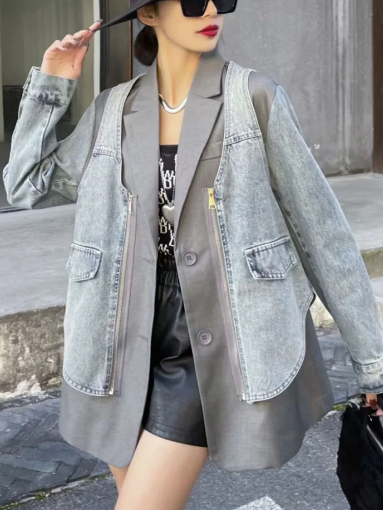 [EWQ] Casual Office Lady Denim Patchwork Suit Jacket Women\'s Fashion Casual Color Contrast Fake Two-piece Suit Trend 2024 Spring