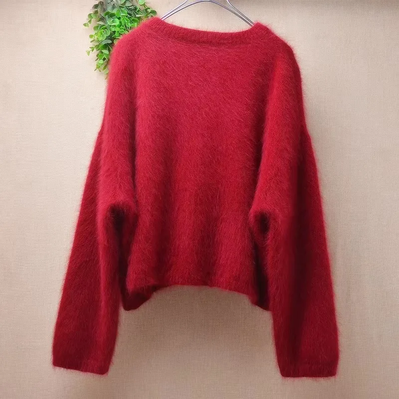 السيدات النساء الخريف الشتاء الملابس شعر المنك الكشمير محبوك س الرقبة طويلة مضيئة الأكمام فضفاضة البلوز سترة البلوز سحب الأعلى