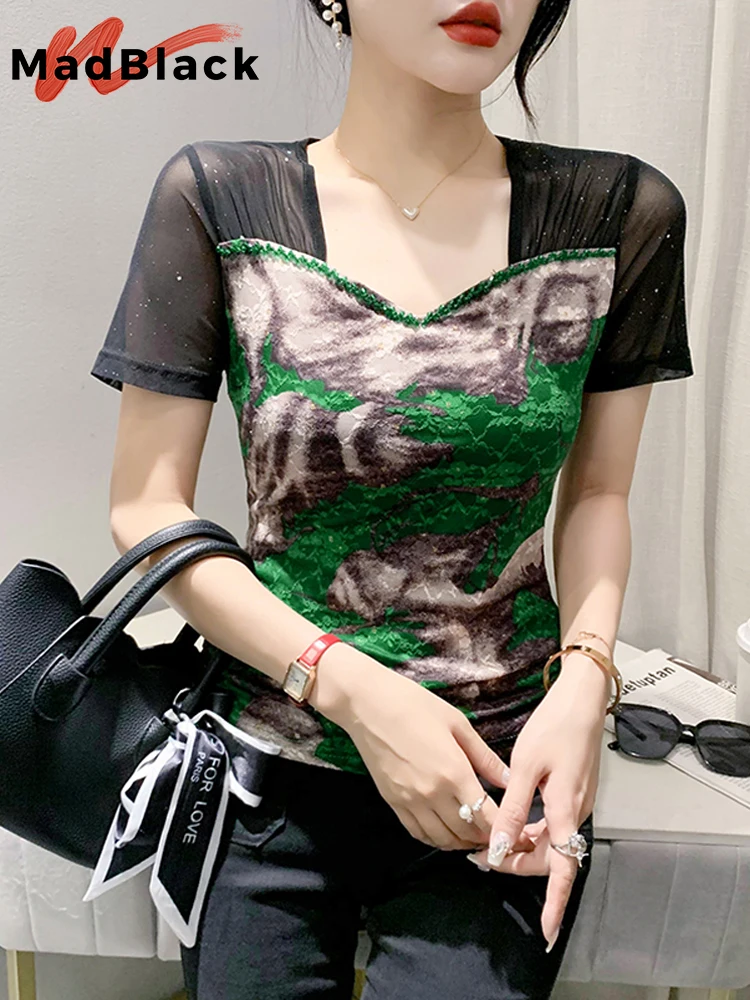 

MadBlack Summer European Clothes Tshirt Women's Sexy O Necks Patchwork Diamonds Slim Mesh Tops Short Sleeve Tees HandMadeT34449C