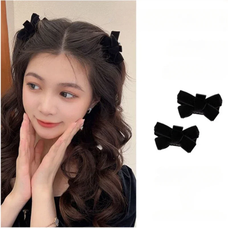 Black Red Bow Small Bangs Hair Claw Sweet Princess Velvet Bow Hair Clip Claw Clamp Headwear Girls Women Korean Hair Styling Tool