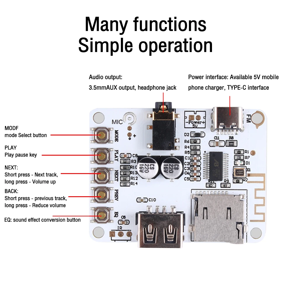 VHM-314-V2.0 Bluetooth Audio Receiver Board Bluetooth 5.0 Mp3 Lossless Decoder Board Wireless Stereo Music Type-c Module 3.3V 5V