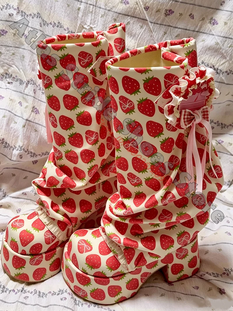 Strawberry Print Slouchy Platform Mid Calf Boots Ruffle Bow Decor Block Heel Sweet Lolita Boots Ladies Y2K Cosplay Party Boots