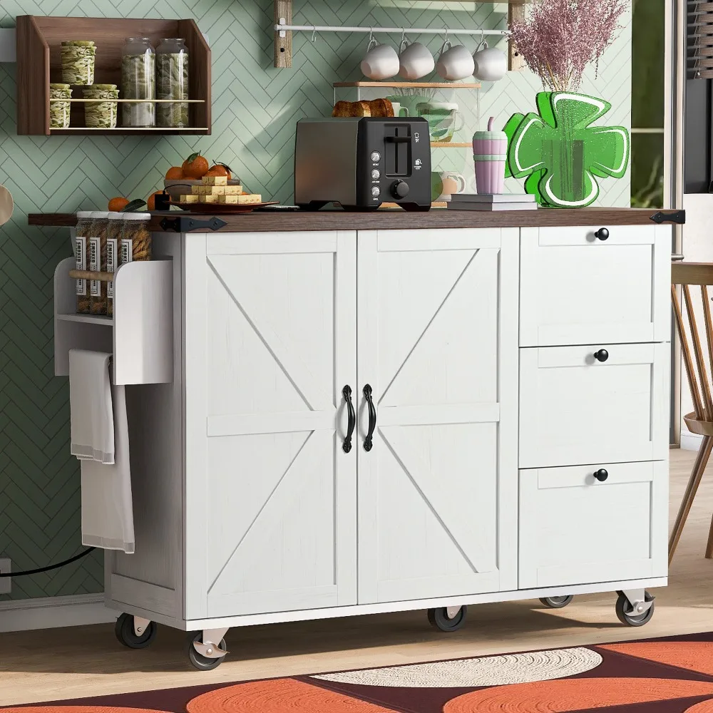 

54.5" Farmhouse Kitchen Island with Power Outlet, Kitchen Storage Island with Internal Storage Rack, Drop Leaf, Spice Rack