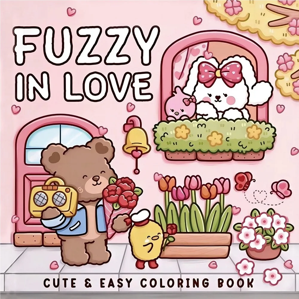 

Книжка-раскраска Fuzzy In Love для взрослых и подростков с маленькими пушистыми животными в любовьх моментов и уютными занятиями. Цветная книга.