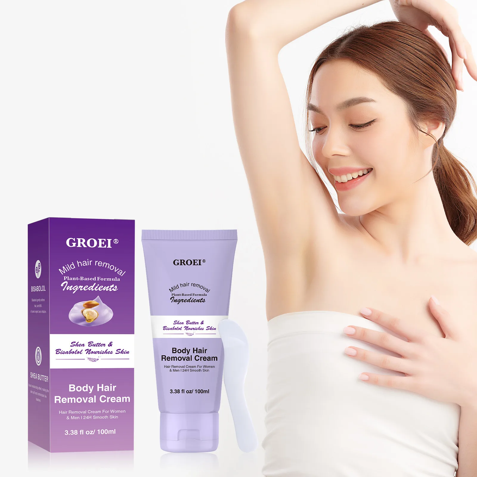 La crema depilatoria corpo al burro di karitè GROEI è una crema depilatoria delicata, non irritante e veloce da 100 ml