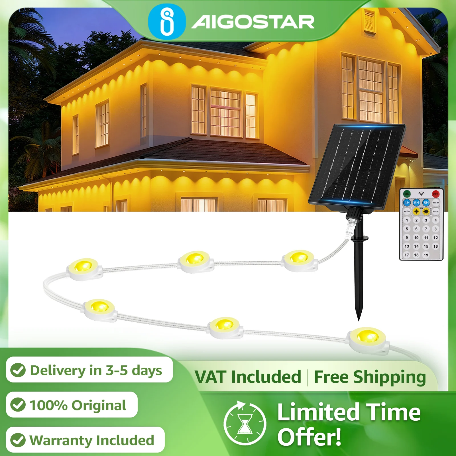 Aigostar Luces Solares Permanentes para Exterior 15M | Luz Blanca Cálida, IP65 Impermeable | Decoración para Alero, Jardín