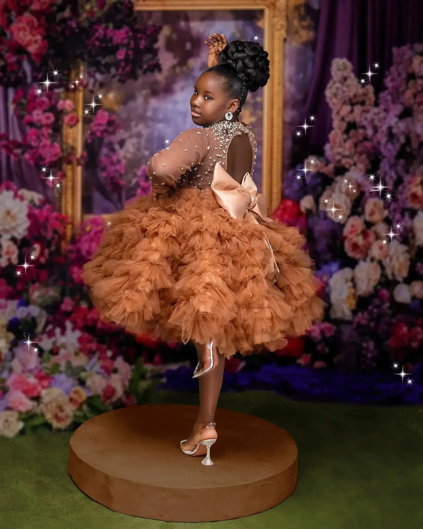 Flower Girl Dress For Wedding Long Sleeves With Bow Diamond BeadingTulle Tiered Kids Birthday Party First Communion Gown Custom