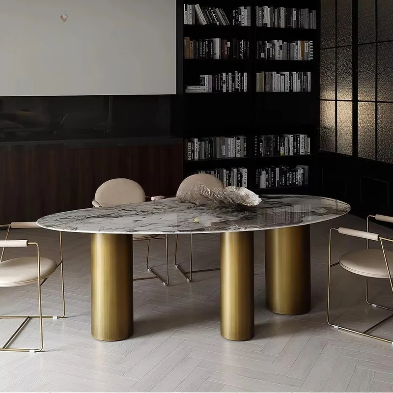 White Gold Patagonia Marble Top Gold Brushed Cylinder Column Metal Base Custom High End Oval Dining Table 6 8 Seater