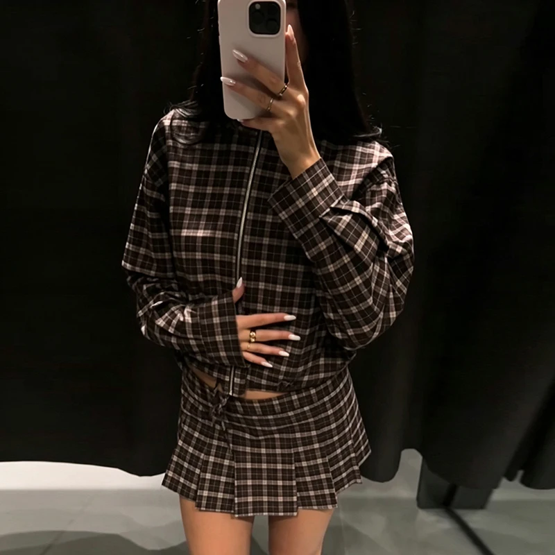 Plaid 2 Piece Outfit Zip High Stand Neck Drawstring Jacket A-line Mini Skirt Set Casual 2026 New Women Dating Party Daily Sets