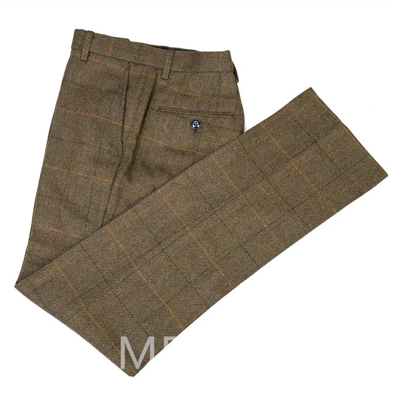 Brown Herringbone Tweed Wool Men Suits For Business Winter Vintage Notched Lapel 3 Piece Jacket Vest Pants British Style 2024