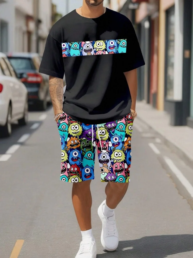 Cute Cartoon Print Summer Casual Crew-neck Men\'s Suit Urban Fashion Street Short-sleeved Top And Shorts Casual All-match Outfit