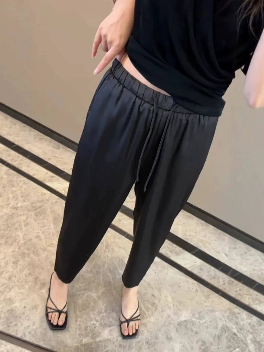 High Waist Draped Harem Pants Women's Summer Thin Loose Casual Nine Points Loose Fit Korean Style Elastic Waist Pure Color