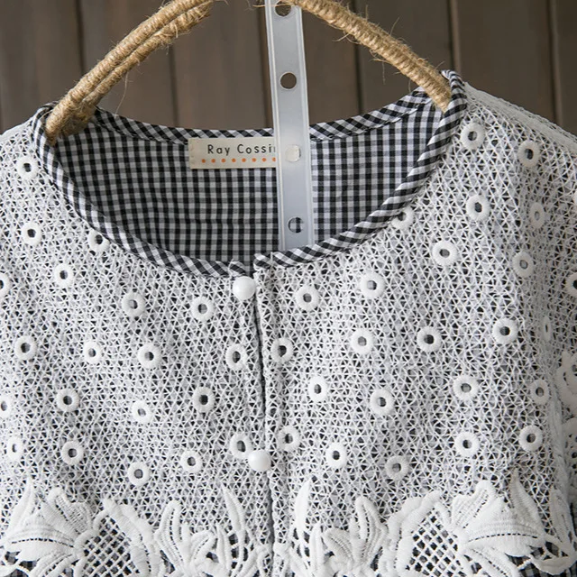 New Summer Cotton 3/4 Sleeve Shirt O Neck Embroidery Plaid Top Mori Girl Casual Sweet Loose Retro Blouse 2024 Autumn T46451QM