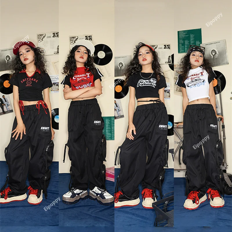 

Girls Hip Hop Crop Top Pocket Cargo Pants Clothes Set Kids Polo T-shirt Street Dance Joggers Child Cool Streetwear Teen Costumes