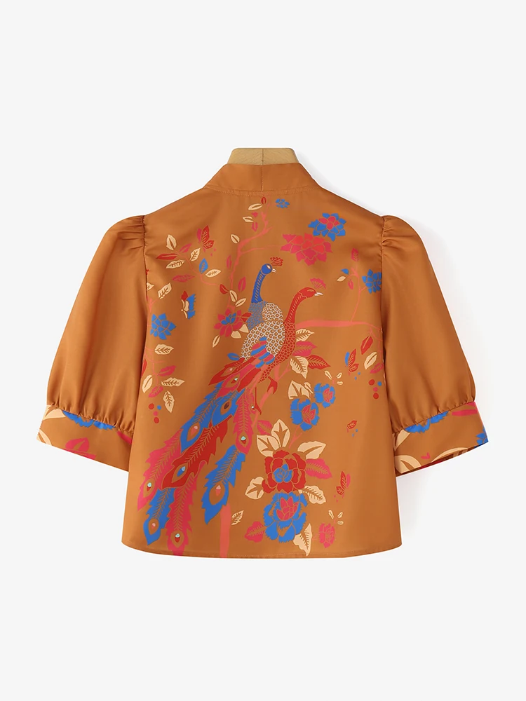 ZANZEA Camicette da donna eleganti e chic con stampa pavone Camicette con scollo a V Mezza manica a sbuffo Camicie con bottoni Abbigliamento donna bohemien Pendolarismo S-3XL