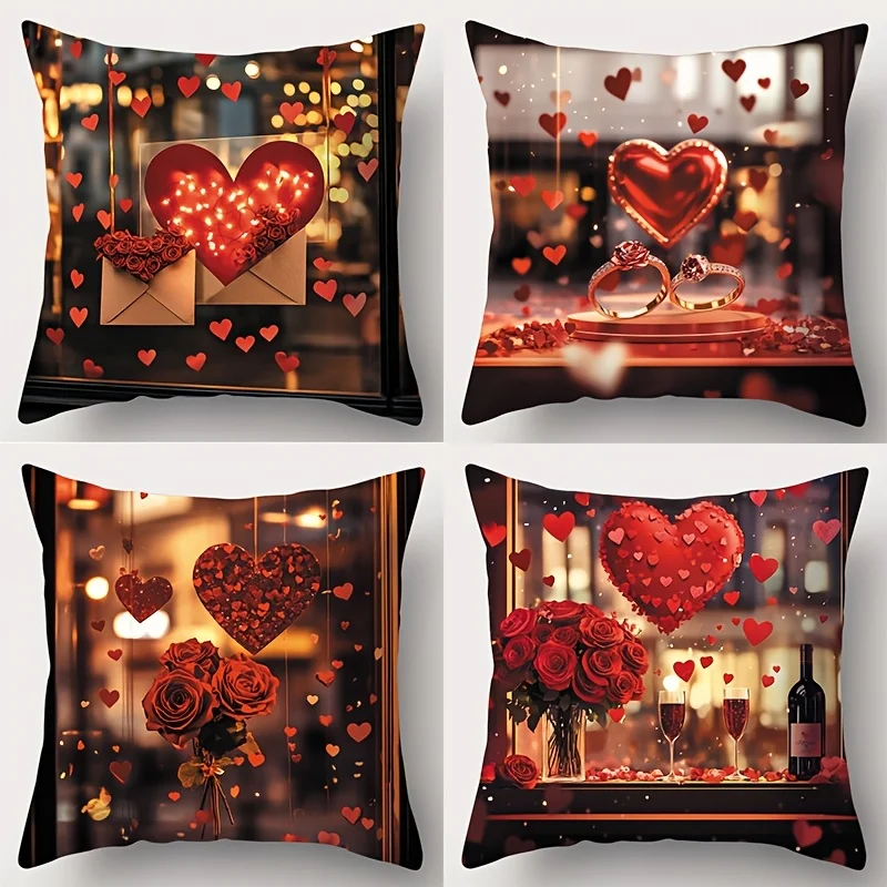 4Pcs Wedding Ring Cushion Covers 45x45cm Double Sided Print Heart Balloon Pillow Cases Love Theme Decorative Pillowcase No Core