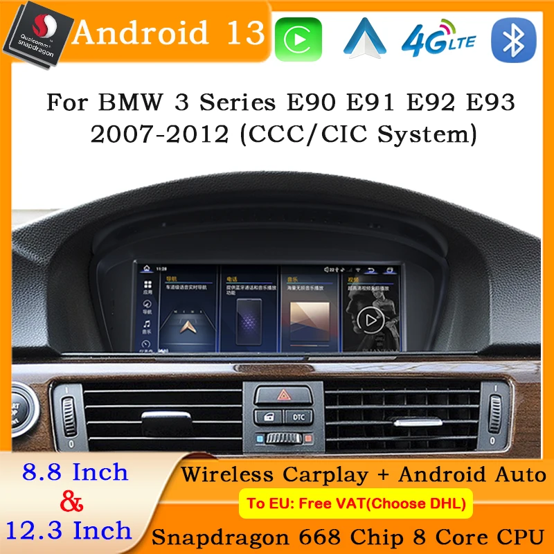 Android 13 Snapdragon 668 Car Radio Stereo Video Multimedia Player for BMW 3 Series E90 E91 E92 E93 2007-2012 Wireless carplay