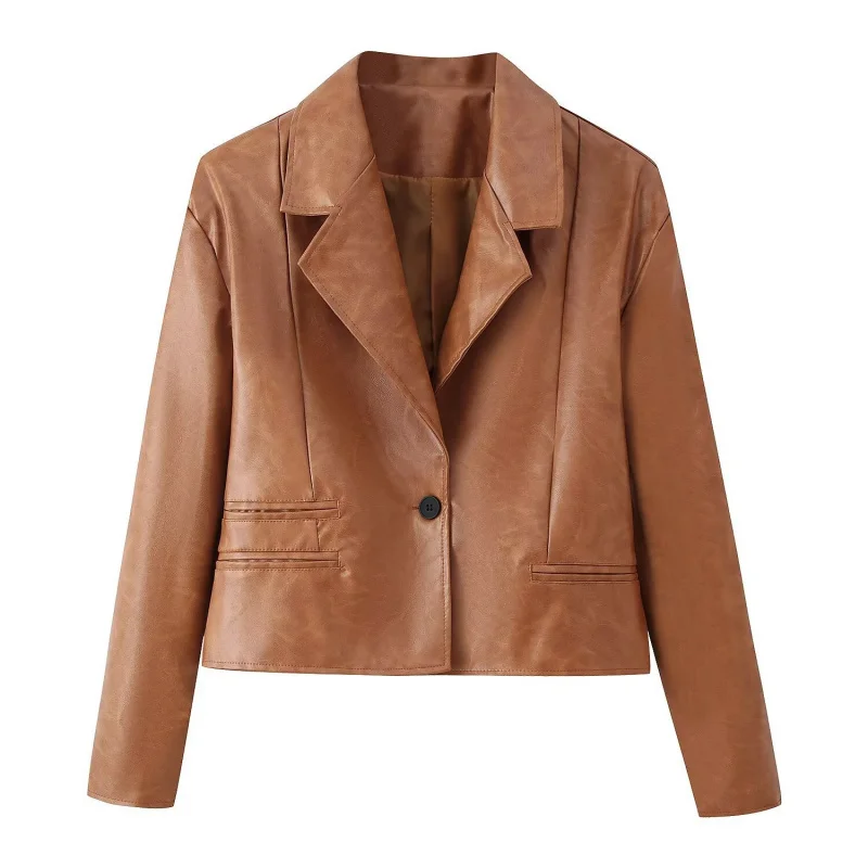 

New European and American Women's Fashion Street Style Turn-Down Collar Short Leather