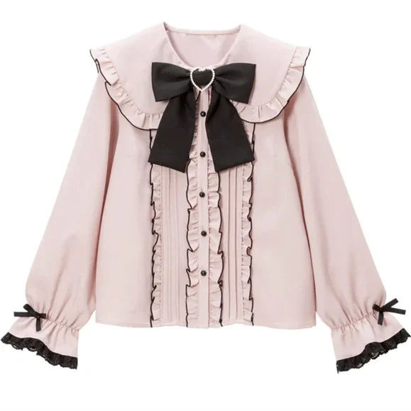 Women Japanese Kawaii Lace Y2k Pink Bow Blouse Ruffle Shirt Harajuku Cute Ladies Tops 2024 Lolita Blusas Femme Camisas Mujer