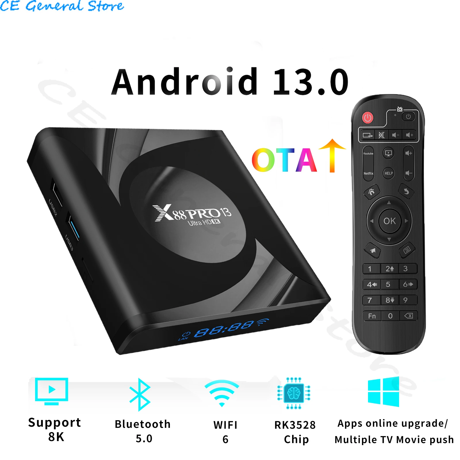 X88 PRO 13 Ultra Android 13.0 Smart TV Box RK3528 4GB+64GB 2.4G/5G WiFi6 Bluetooth 8K Media Player VP9 H.265 Decoder Set Top Box