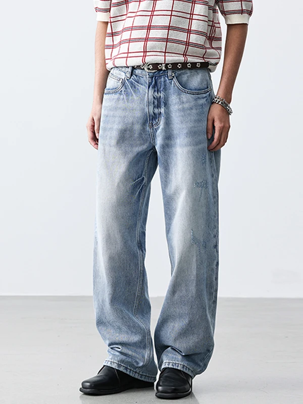 

Американские ретро-джинсы светло-голубого цвета для мужчин, весна 2026, новые, свободные, прямые, широкие, универсальные, длинные брюки, повседневные, модные