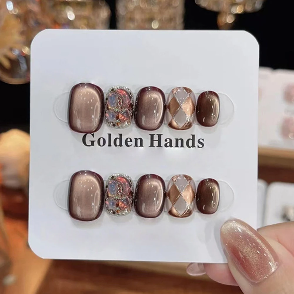 10pcs Press On Nails Black Chocolate Maillard Plaid Lava Diamond False Nail for Women&Girl Removable Wearable False Nail Art