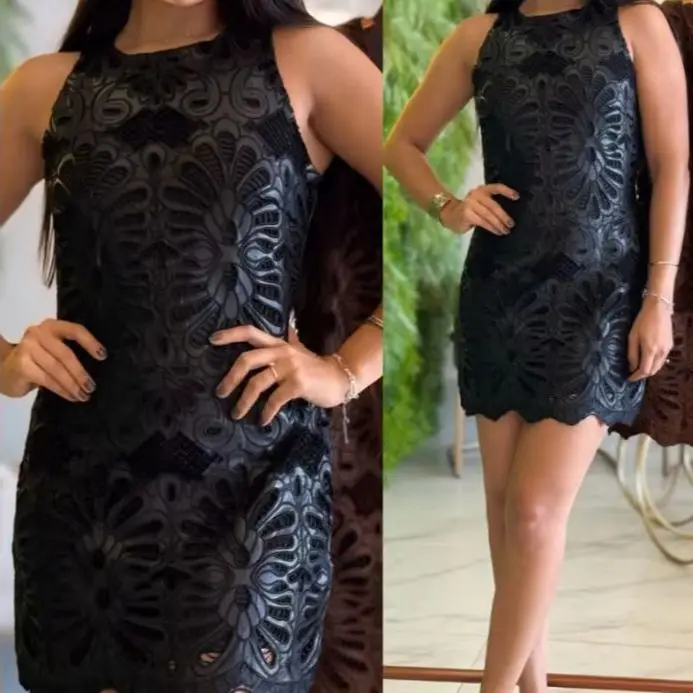 

PU Leather Lace Sexy Dresses for Women Wear 2025 Temperament Zipper Back Scallop Hem Party Dress Fashion Women's Slim Tank Dress