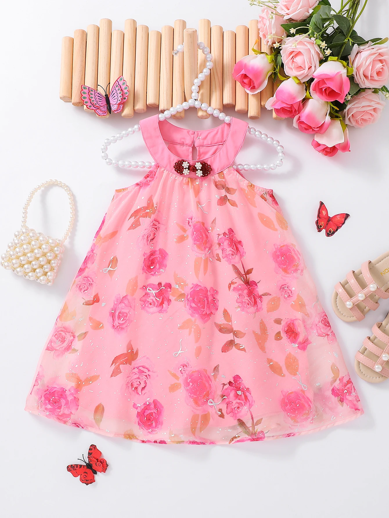 

Girls Casual Neck Hanging Floral Dress Children's Clothing Spring Summer Autumn Floral Print Skirt for Girls