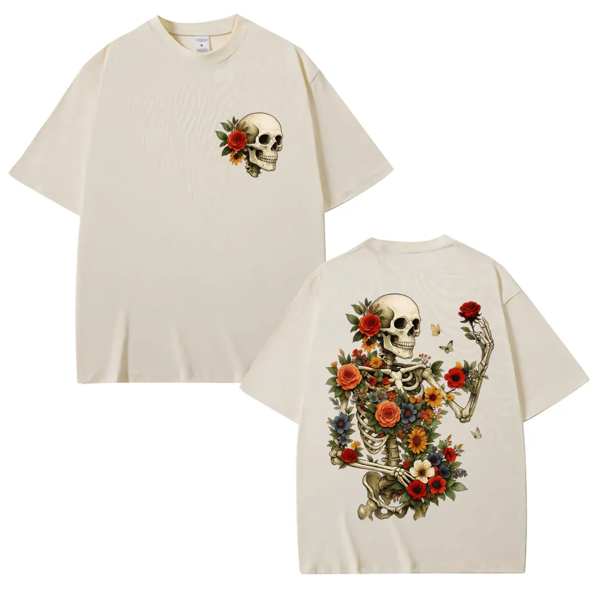 Funny Dark Botanical Skeleton Graphic T Shirt Men Women Fashion Vintage T-shirts Oversized Cotton Casual Tee Shirts Streetwear
