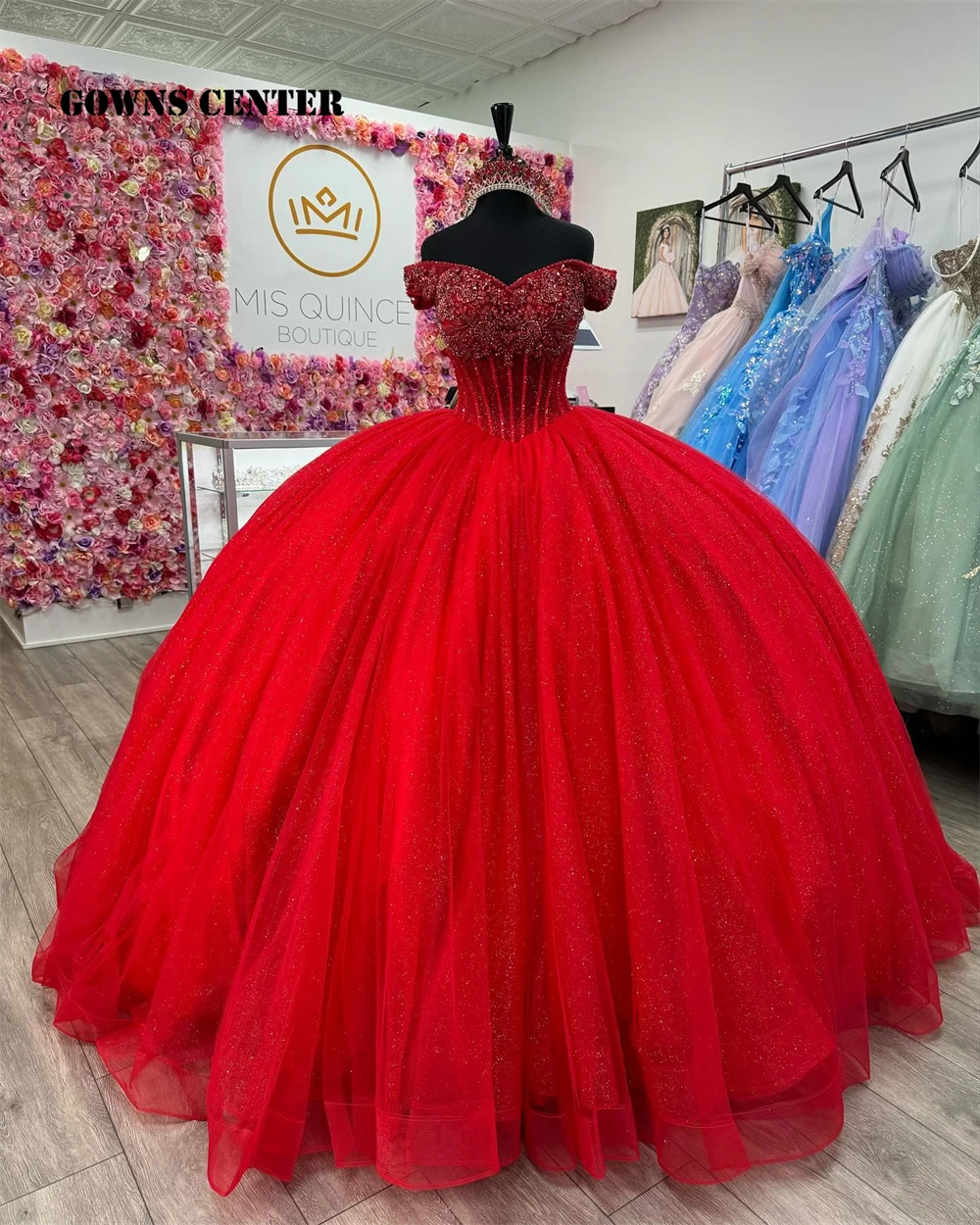 México vermelho frisado strass quinceanera vestido 2024 vestido de baile fora do ombro brilhante cinderela espartilho vestidos personalizados