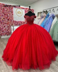 Mexico Red Beaded Rhinestones Quinceanera Dress 2024 Ball Gown Off The Shoulder Sparkly Cinderella Corset vestidos de 15 años