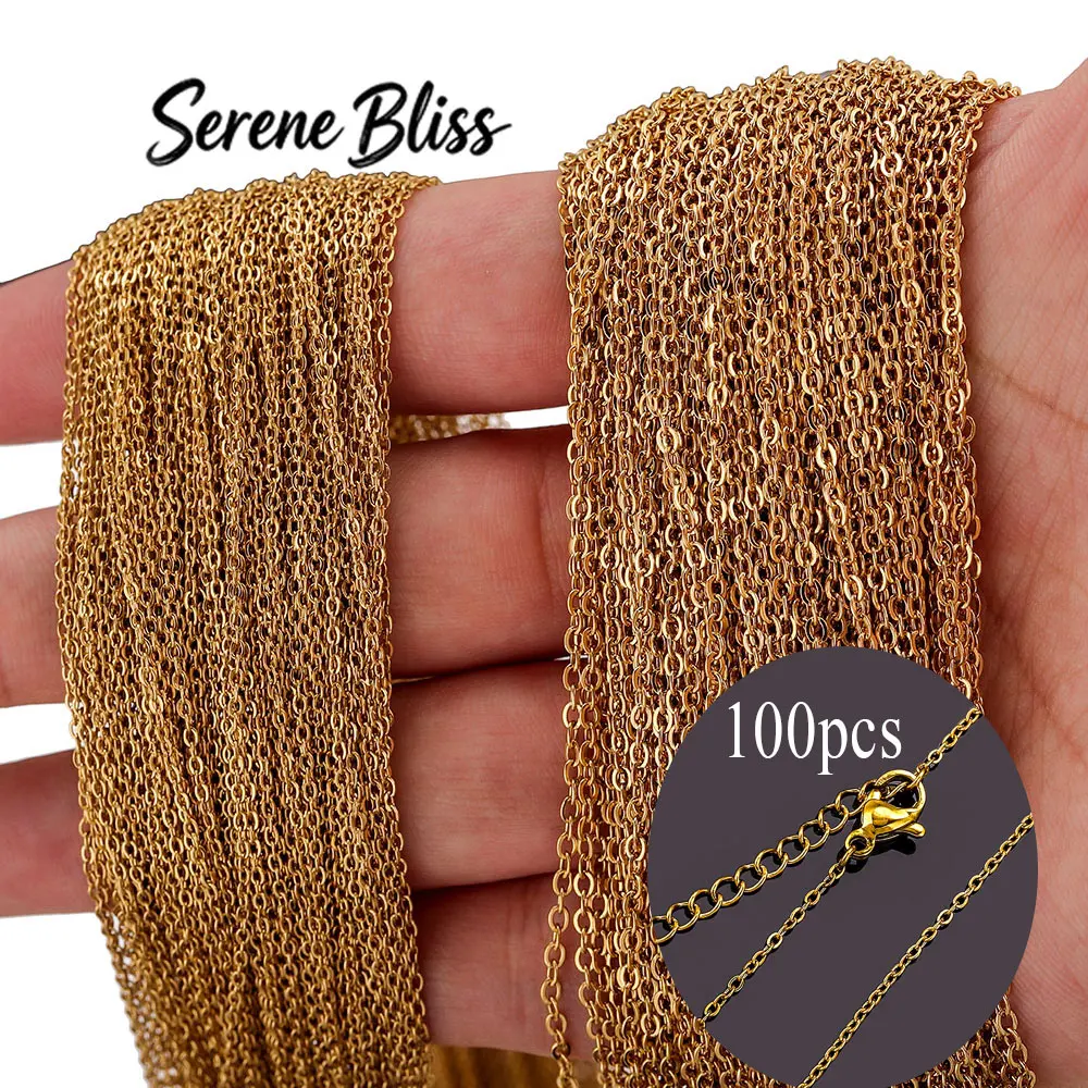 100pcs PVD 18K Stainless Steel Link Cable Chain Necklace with Lobster Clasps 45+5cm for Men Women DIY Charm Jewelry Making Gifts