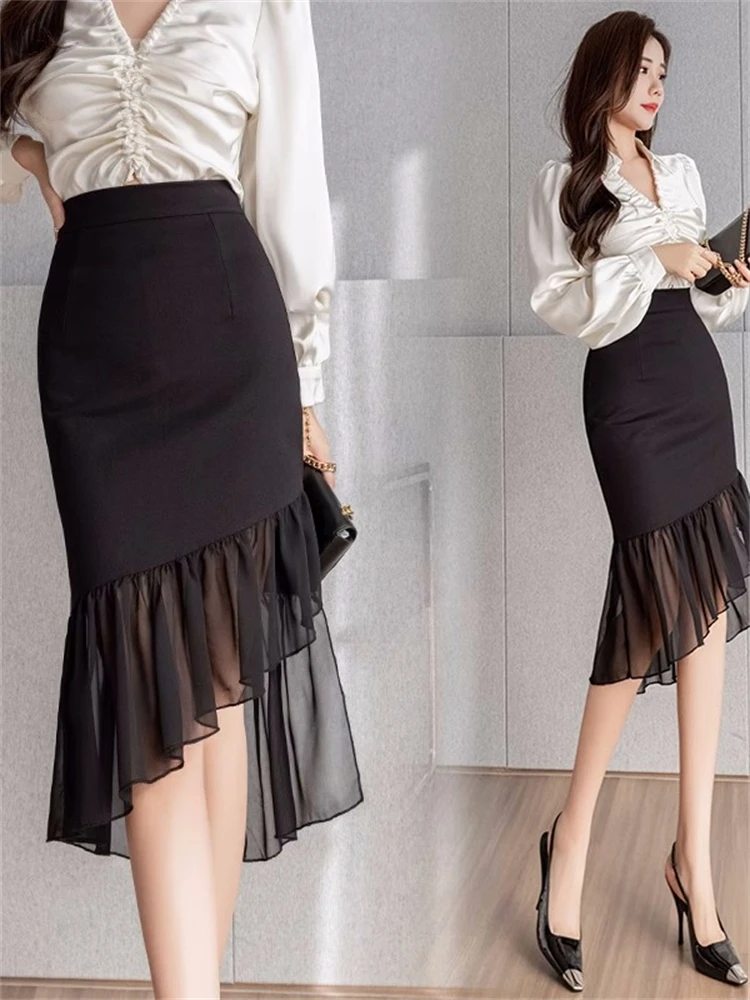 

High Waist Asymmetrical Tulle Sequin f Skirt Women's Spring Autumn Tailored Fit Bodycon Midi Skirt Chiffon One Step Skirt