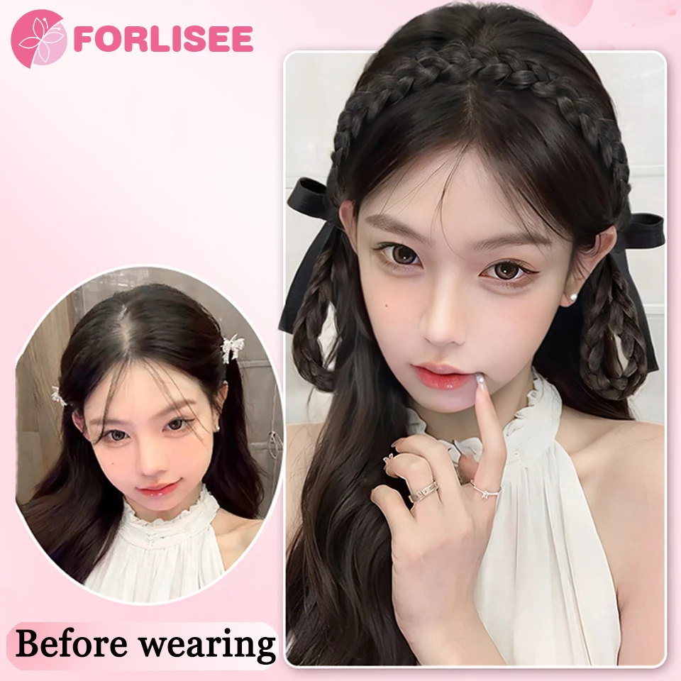 FORLISEE Synthetic Bun Wig Bow Ear Rabbit Headband Style Braid Double Bun Braided Headdress Wig Bun