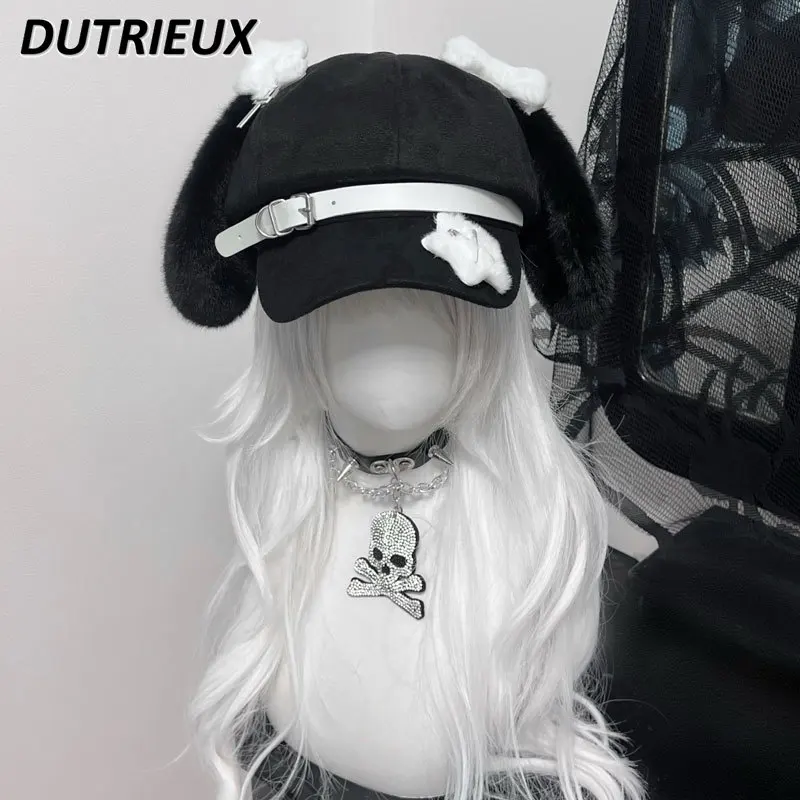 Japanese Style Y2k Original Black Puppy Ears Subculture Beret Caps Versatile Sweet Cute Kawaii Girl Personality Hats Bonnet