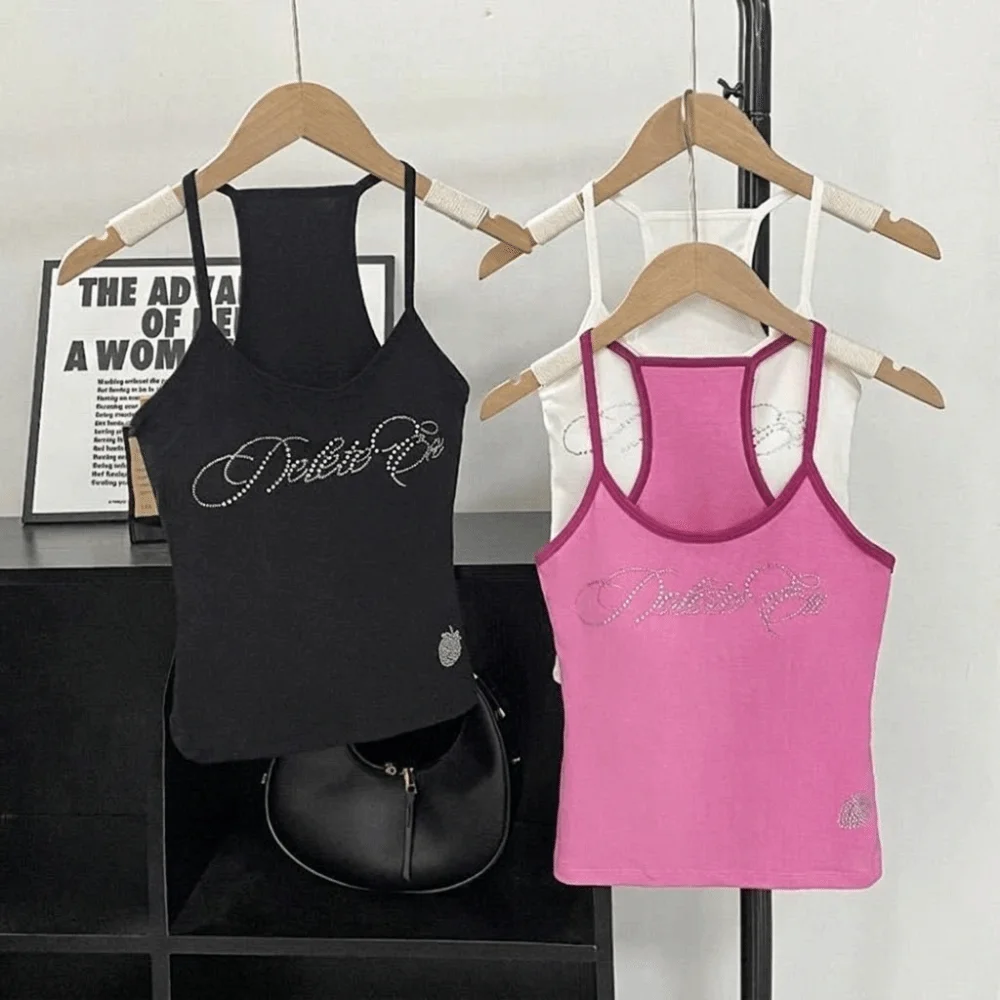 Casual Slim Fit Spicy Girl Vest Rhinestone Detail Tight Fit Rhinestone Strap Vest Ventilate Letter Strap Vest Women Girl