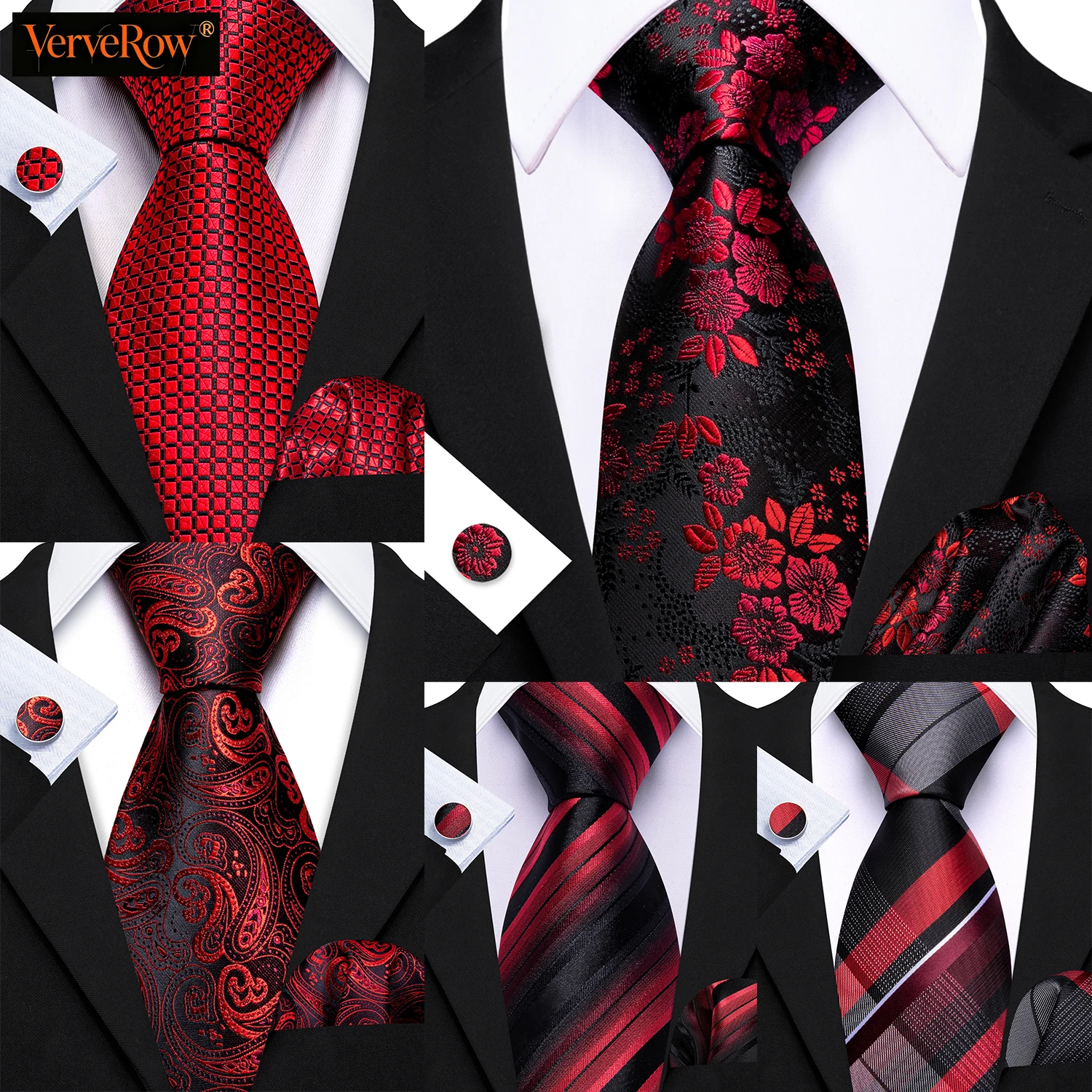 Red Men Tie Set Woven Necktie Handkerchief Cufflinks Business Wedding Suit Accessories Burgundy Wine Rose Scarlet Crimson Maroon