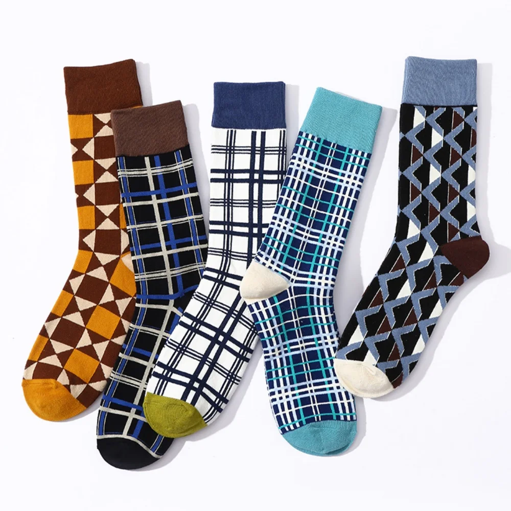Four season trendy plaid casual simple men's and women's high-quality mid tube socks