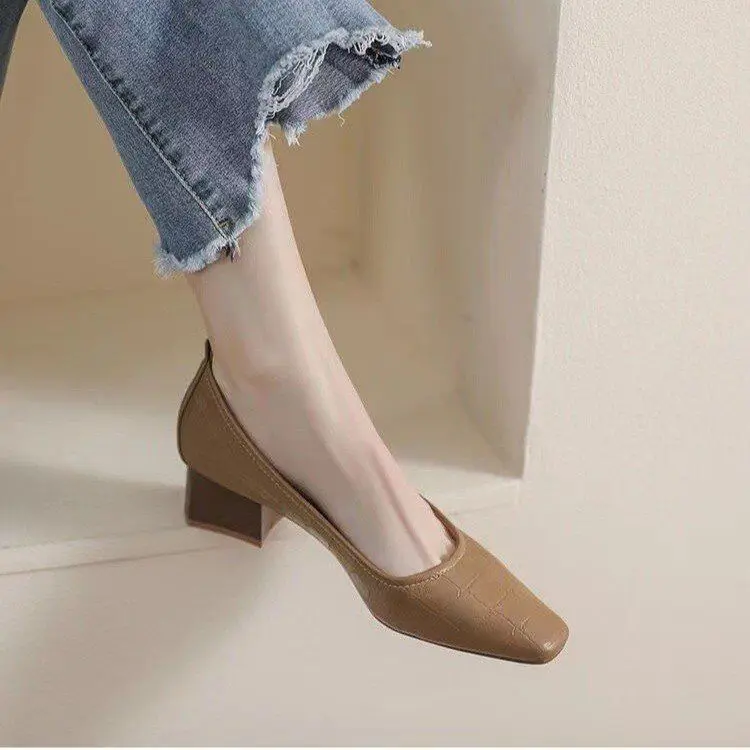 

Single shoe 2026 Spring and Autumn high heels square toe thick heel soft leather shallow mouth single shoe French retro thick he
