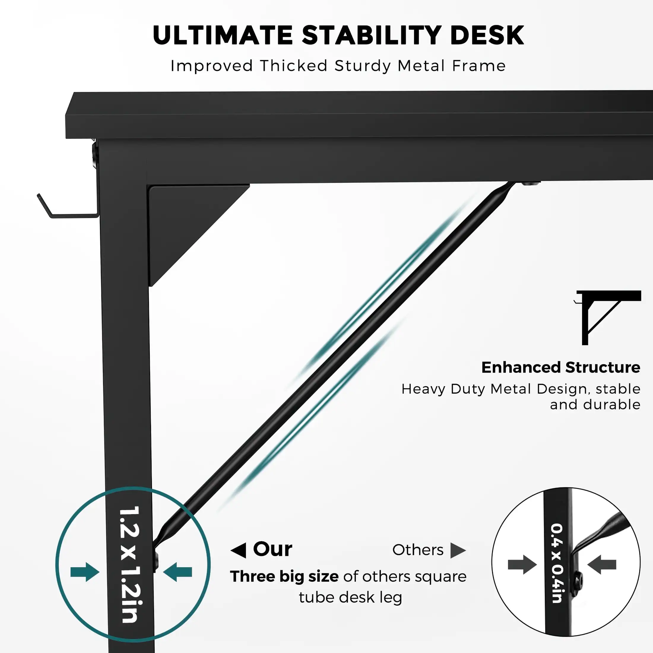 Computer Desk 47 Inch Writing Desk with Storage Bag Iron Hook Metal Frame for Home, Black