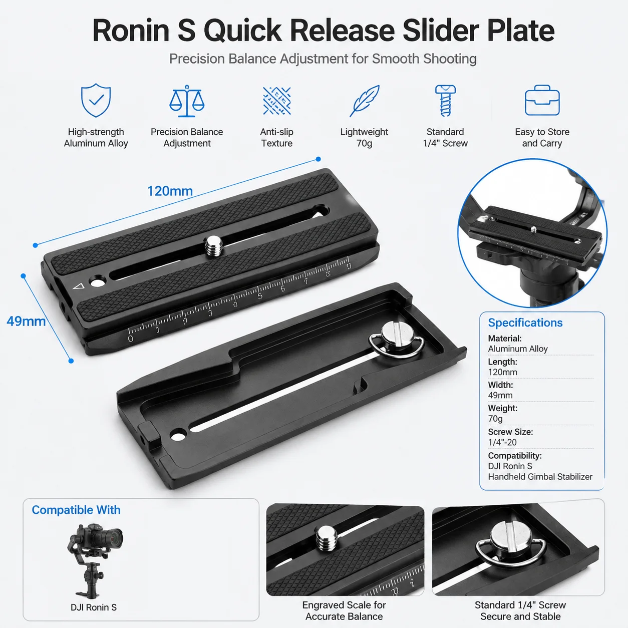 BEXIN 120mm Szybkozłączka do DJI Ronin S, ze stopu aluminium, z gwintem 1/4 cala, linijką i antypoślizgową powierzchnią, akcesorium do stabilizatora gimbal. — zdjęcie produktu 3