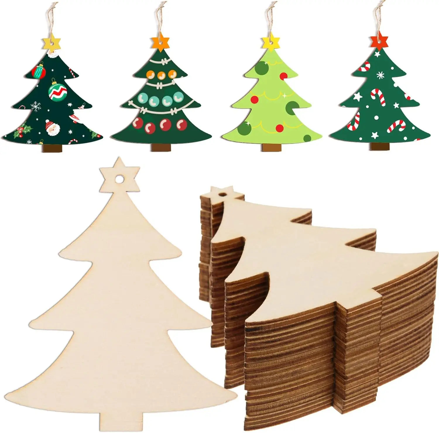 10Pcs Christmas Unfinished Wooden Pendant Decorations Wooden Hanging Blank Wooden Slices Graffiti Wood Slices Decor With Twines