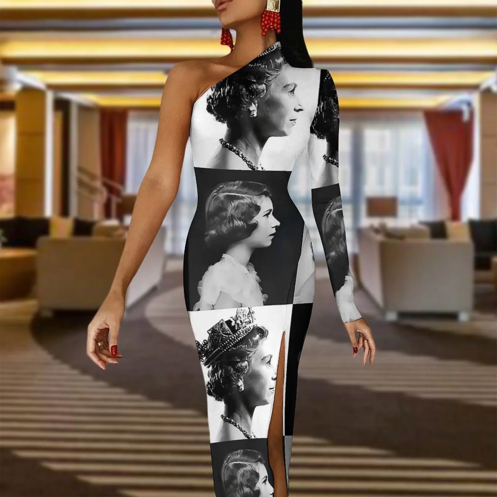 Elizabeth II Maxi Dress Long Sleeve Queen Design Sexy Bodycon Dress Spring Aesthetic Long Dresses Female Custom Clothing