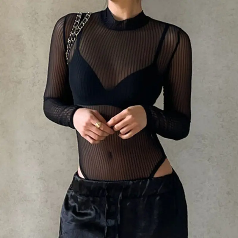 Women's 2026 Summer Autumn Sexy Sheer Mesh Backless Long Sleeve Bodysuit Top Round Neck Slim Fit Y2K Streetwear Coquette Trendy
