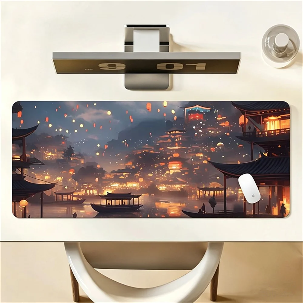 Large Extended Desk Mat, Ancient Style City Nightscape Illustration Mouse Keyboard Pad, Non-slip And Durable Rubber Mouse Pad