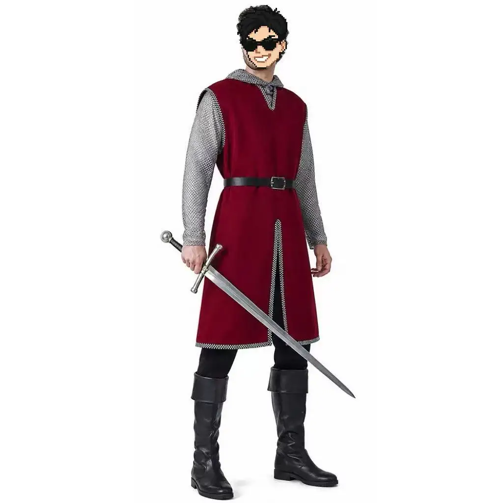 Medieval Knight Cosplay Costume European Middle Aged Chain Mail Red Long Robe Halloween Game Anime Cosplay Outfits